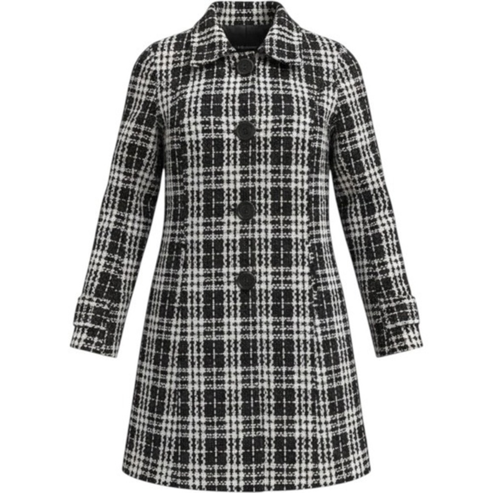 Poetry Clothing Black White Plaid Longline Coat Small WJT2787 Wool Blend Tweed